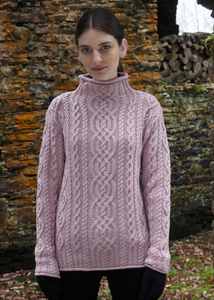 Women's Super Soft Funnel Neck Aran Sweater | Pink