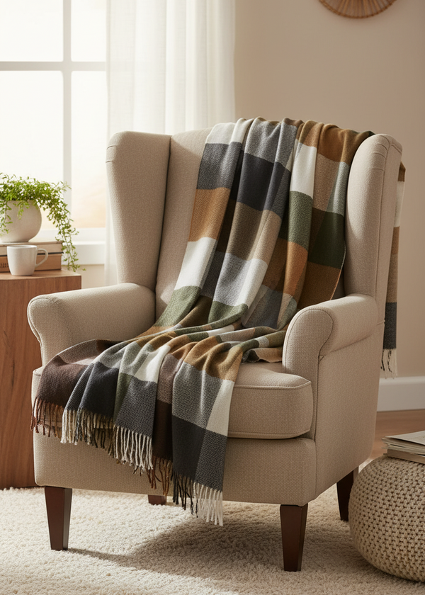 Foxford Lambswool Throw | Grey Mustard Block