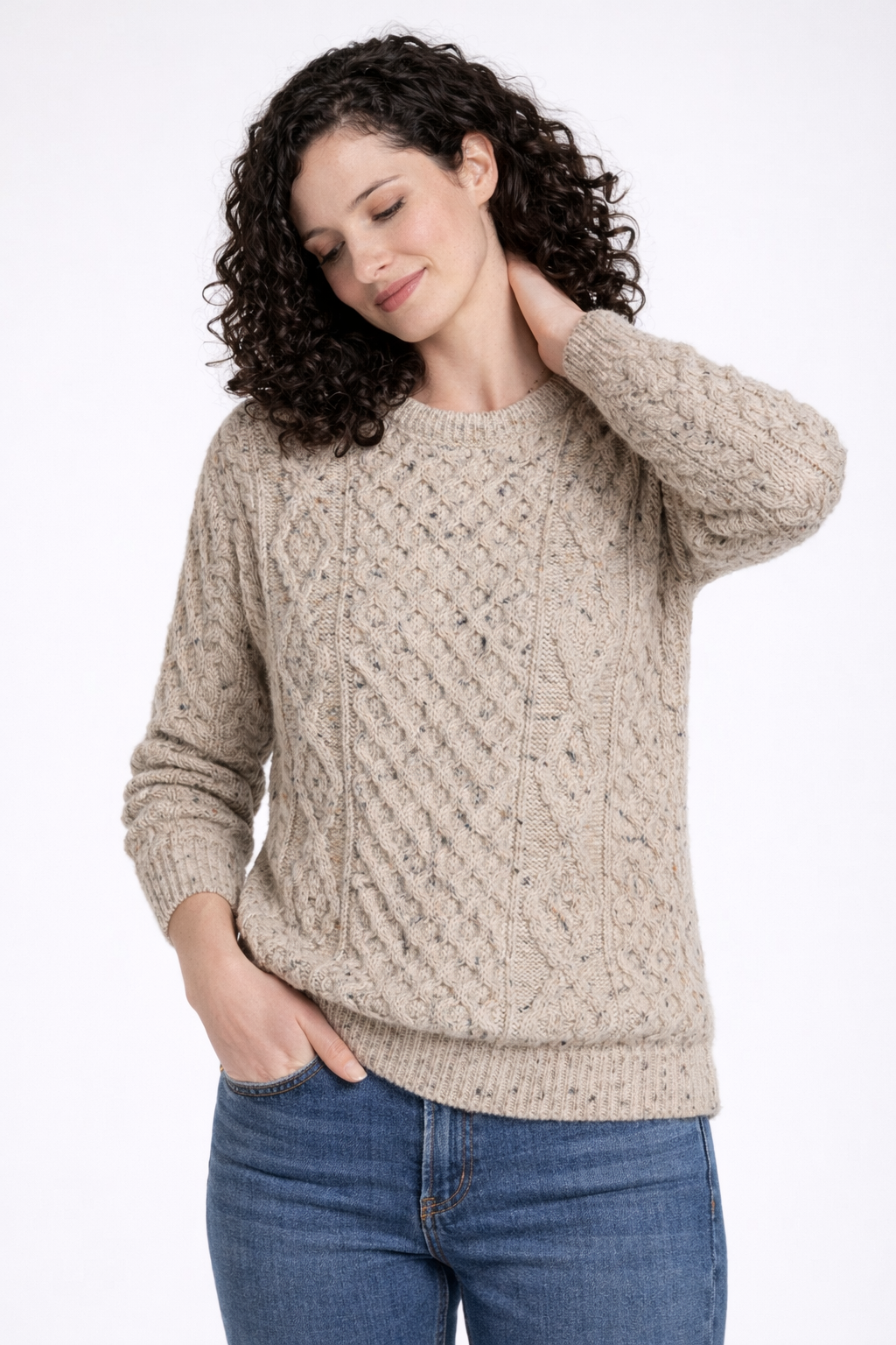 Unisex Aran Wool Sweater | Traditional Irish Knitwear | Flecked Oatmeal