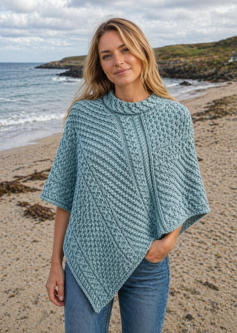Aran Merino Wool Cowl Poncho | Sky - Clearance