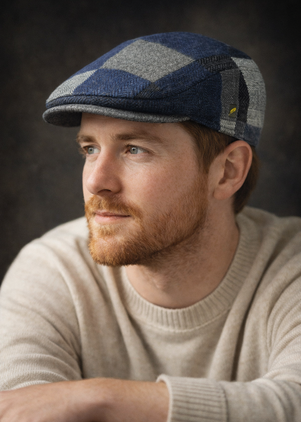 Donegal Tweed Flat Cap | Handcrafted Irish Blue Patch Cap | Hatman of Ireland
