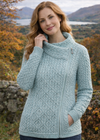 Claddagh Zip Aran Cardigan | Aqua