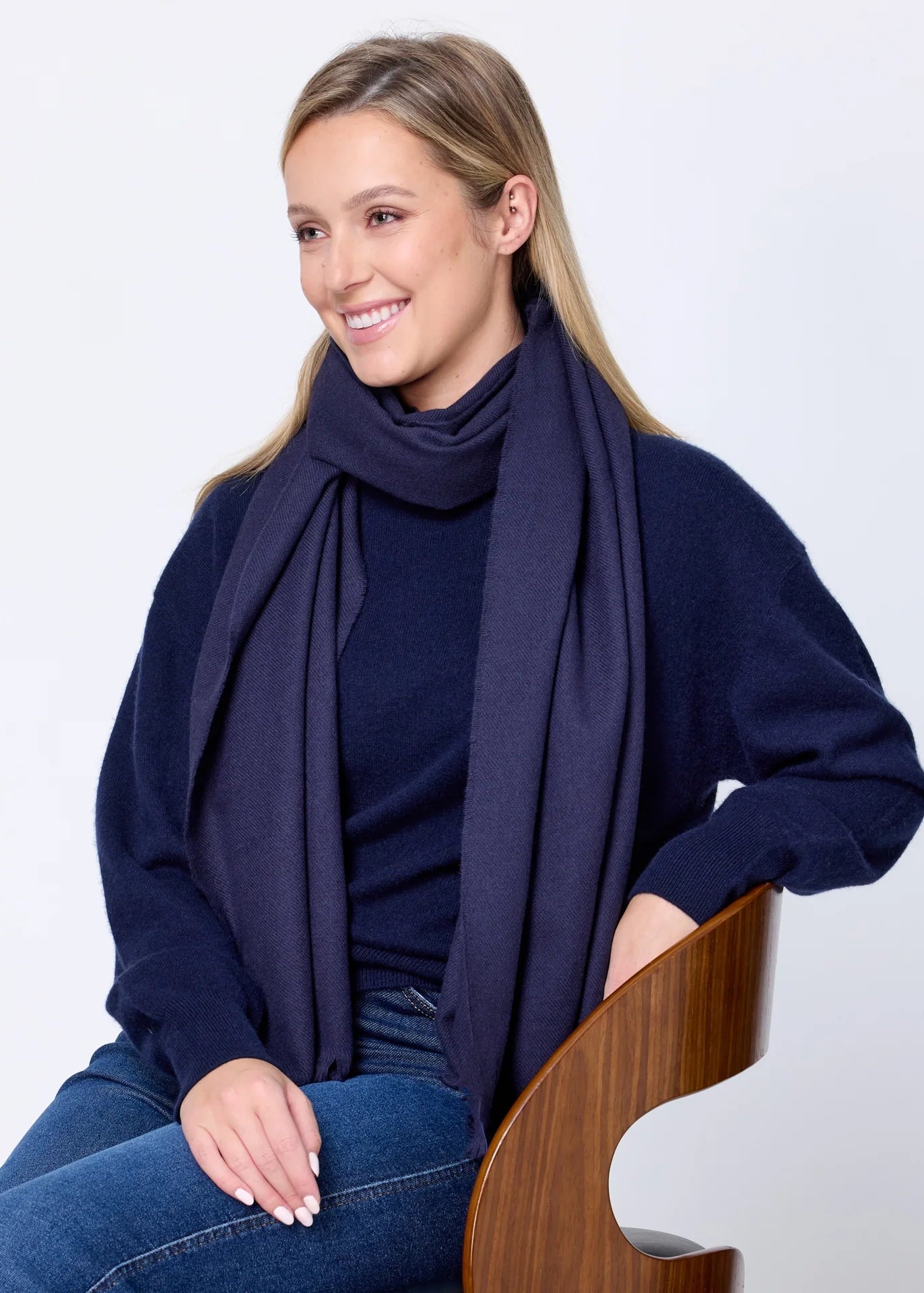 Foxford Solid Navy Fine Wool Cashmere Blend Scarf