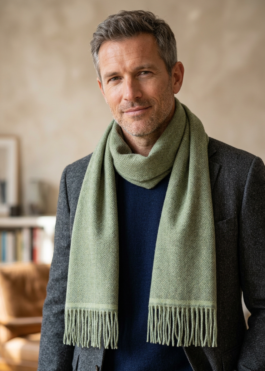 Foxford Lambswool Scarf | Green Herringbone