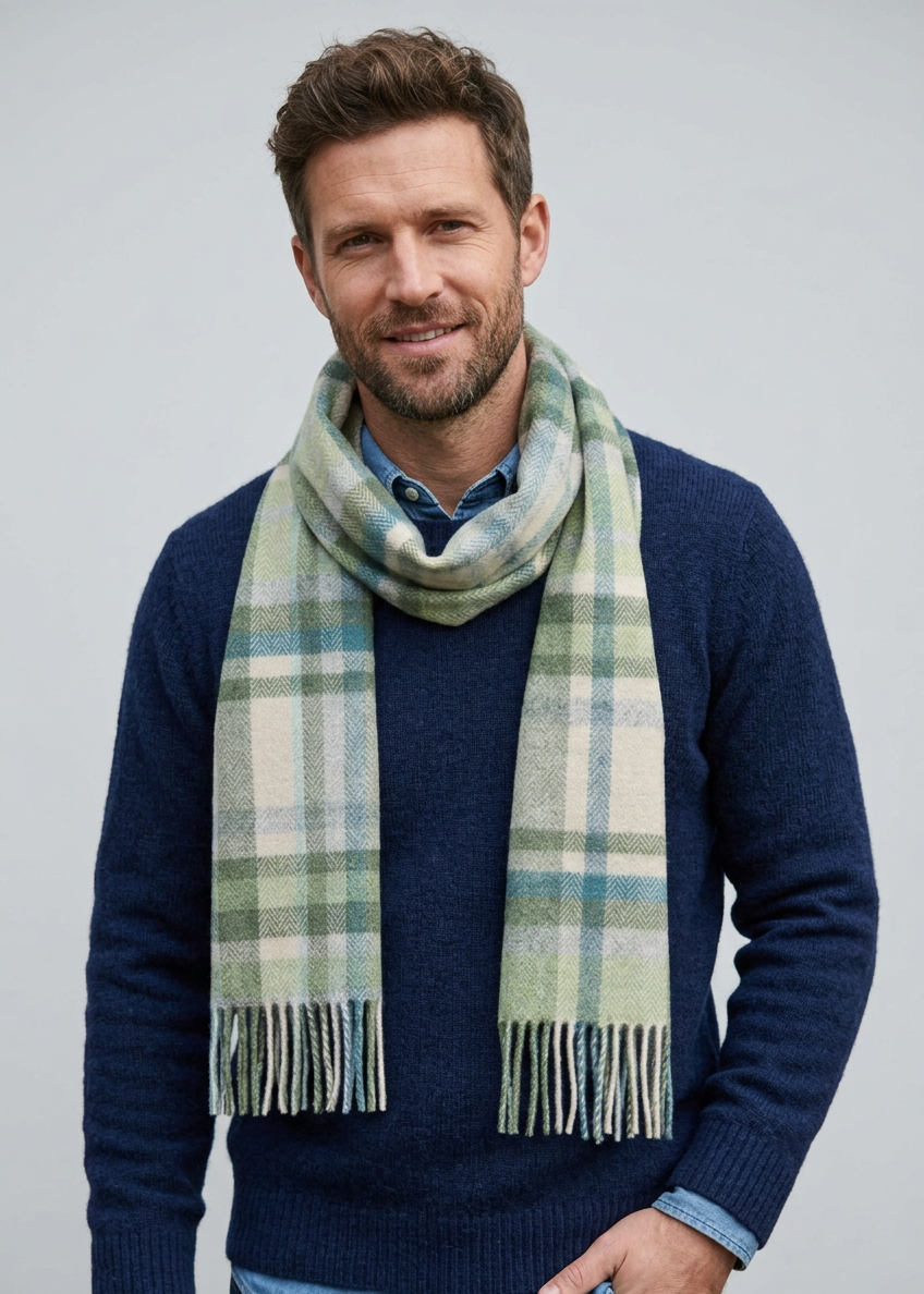Foxford Lambswool Scarf | Turquoise & Cream Tartan