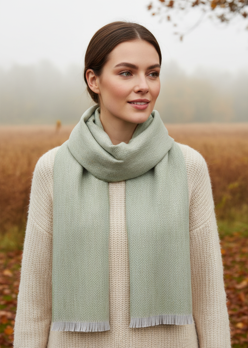 Foxford Lambswool Scarf | Silver Lime Green Herringbone
