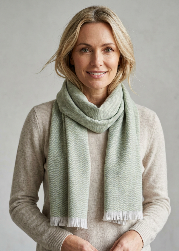 Foxford Lambswool Scarf | Silver Lime Green Herringbone