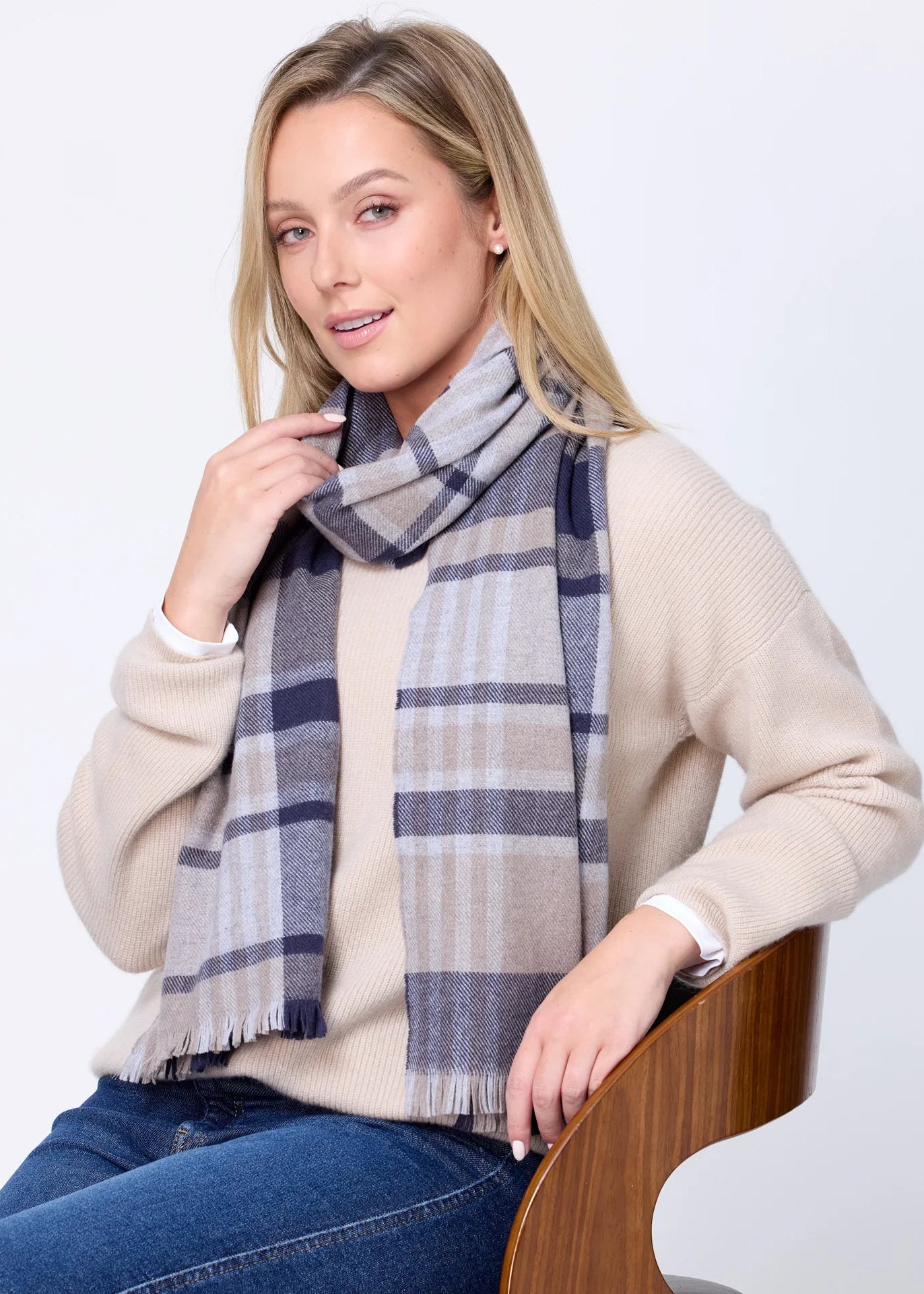 Foxford Navy Camel Extra Fine Merino Scarf