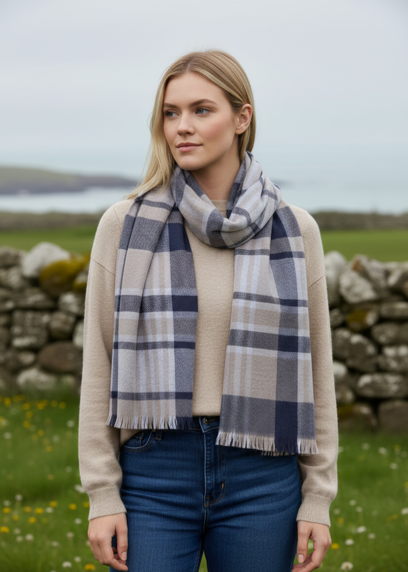 Écharpe Foxford en mérinos extra fin, bleu marine et camel