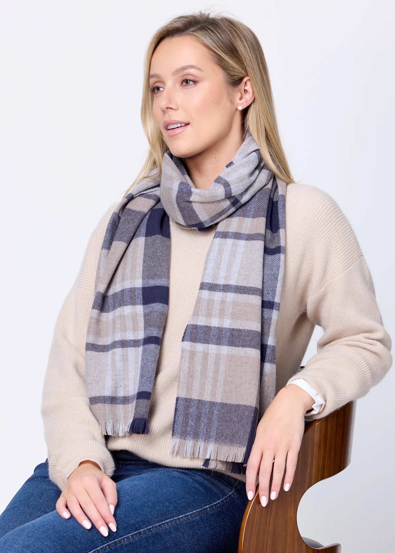 Foxford Navy Camel Extra Fine Merino Scarf