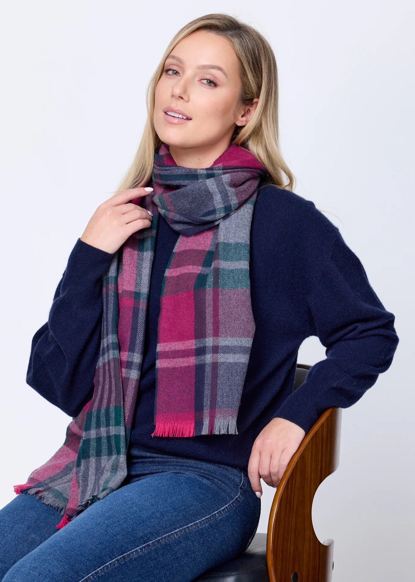 Foxford Green Grey Check Extra Fine Merino Scarf