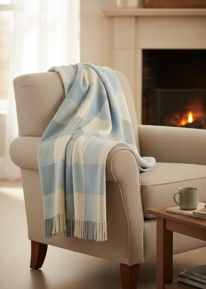 Foxford Cashmere Lambswool Noah Throw | Blue Natural Block