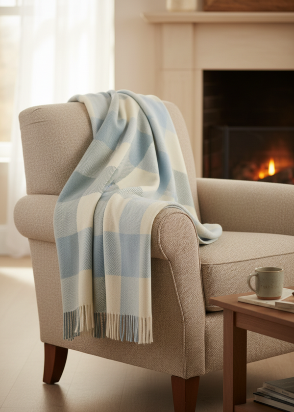 Foxford Cashmere Lambswool Noah Throw | Blue Natural Block