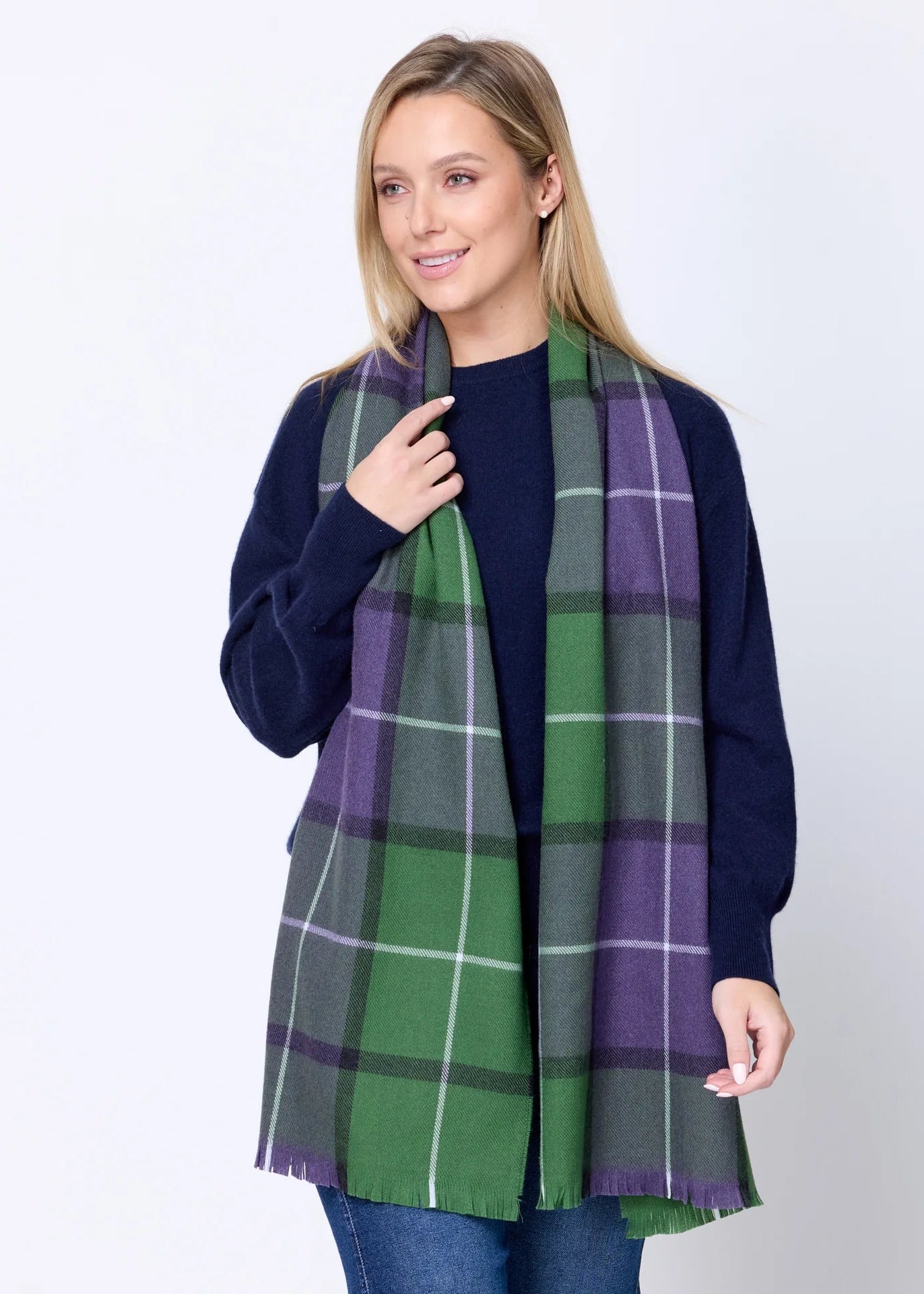 Foxford Giant Merino Scarf | Green Purple Check