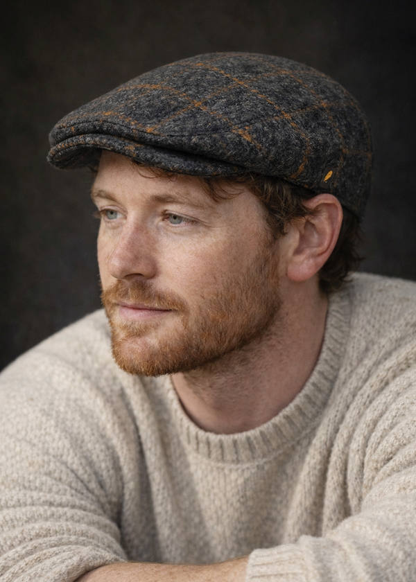 Dubliner Charcoal Check Flat Cap | Genuine Donegal Tweed | Hatman of Ireland