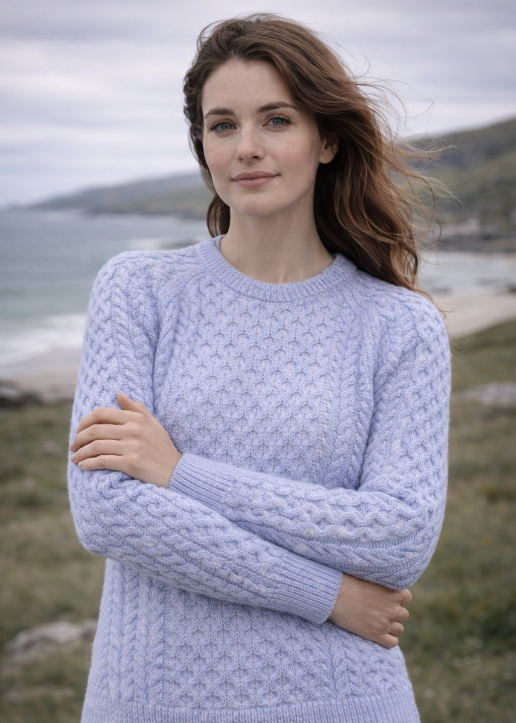 Ladies Slim-Fit Aran Sweater in Sky Blue | Premium Merino Wool