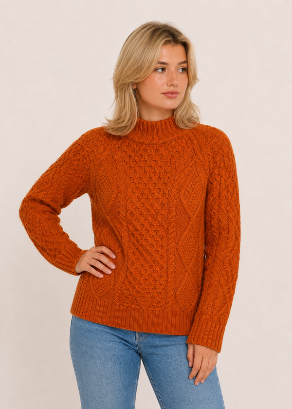 Merino Wool Cowl Neck Aran Sweater | Terracotta 