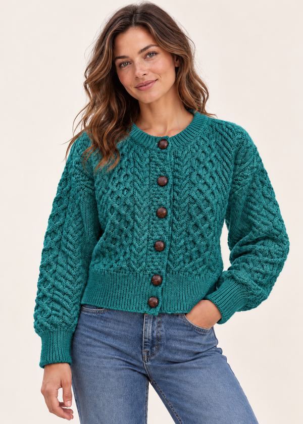 Ladies Merino Cropped Classic Aran Cardigan | Teal