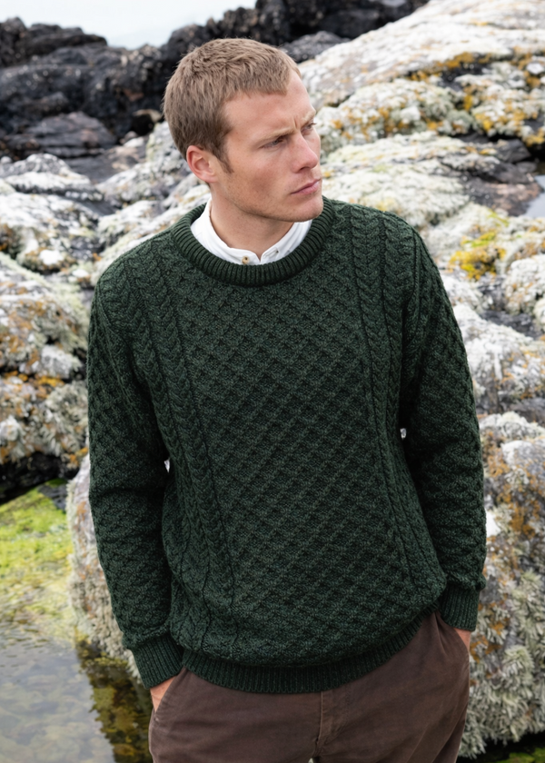 Traditional Irish Aran Crew Neck Sweater | 100% Merino Wool | Green
