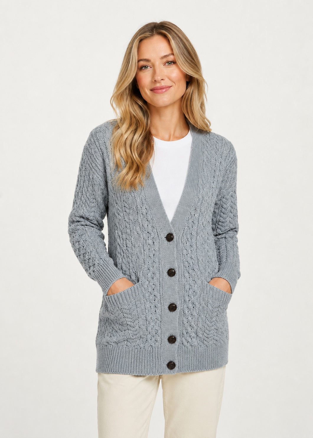 Delphi Aran Boyfriend Cardigan | Blue Grey - Clearance