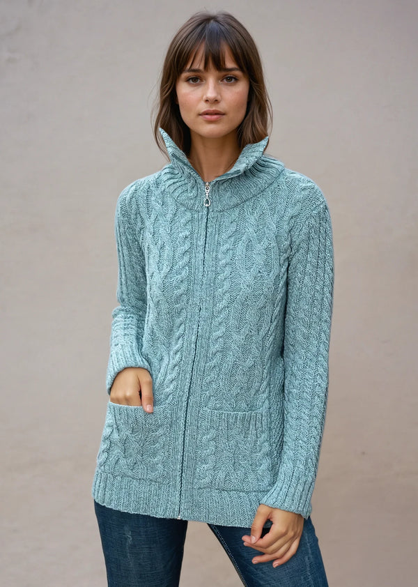 Aran Claddagh Zip Cardigan | Aqua