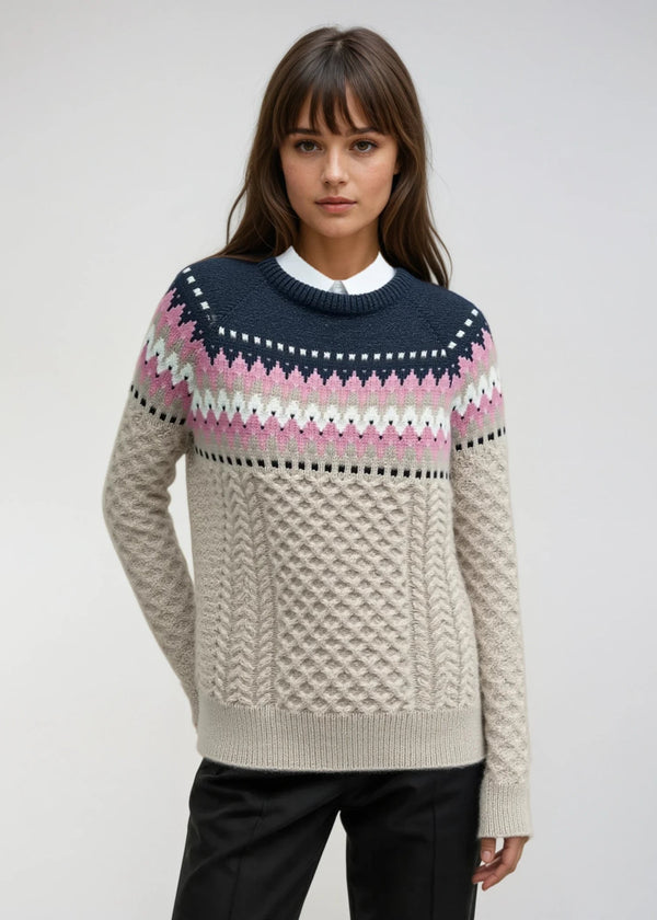 Ladies Slim-Fit Aran Fairisle Sweater | Camel