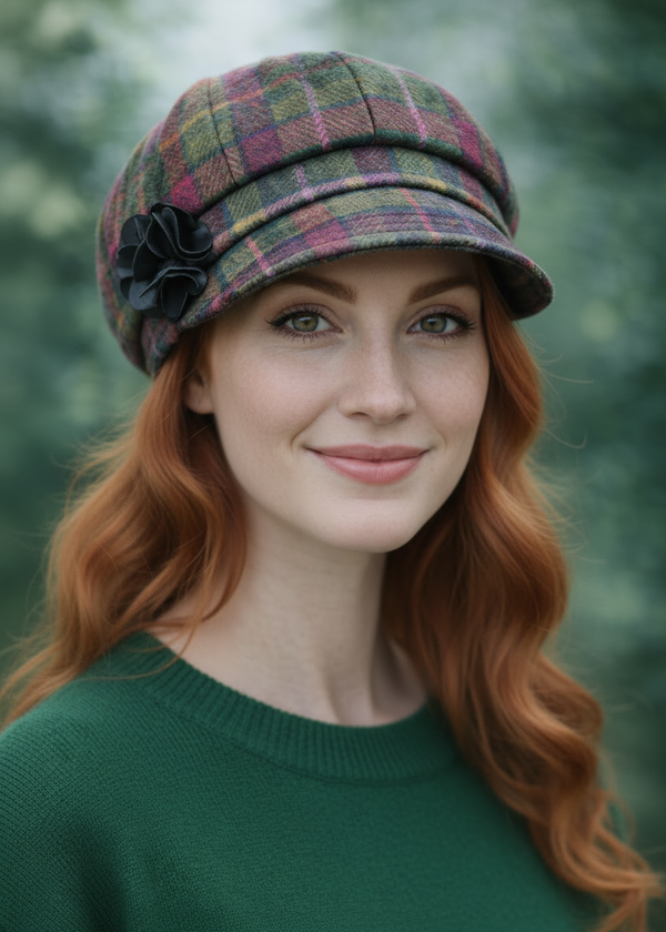 Casquette gavroche Mucros | Carreaux rose olive