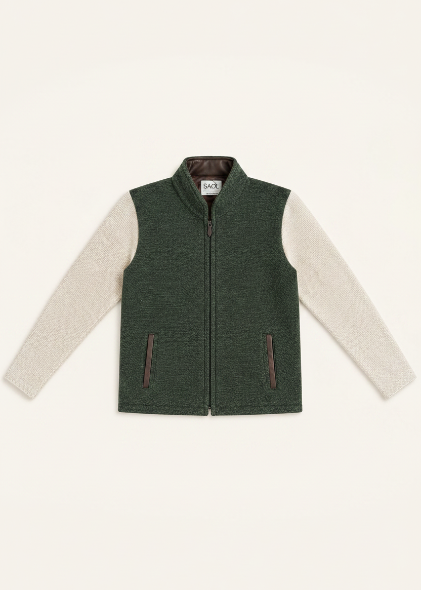 Saol Men's Green Herringbone Virgin Wool Zip Jacket
