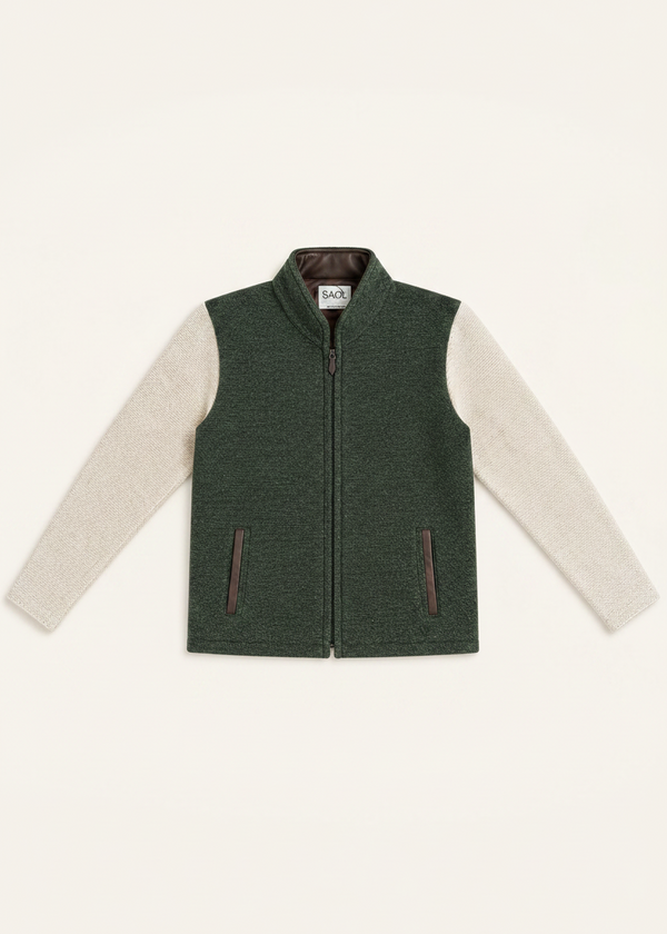 Saol Men's Green Herringbone Virgin Wool Zip Jacket