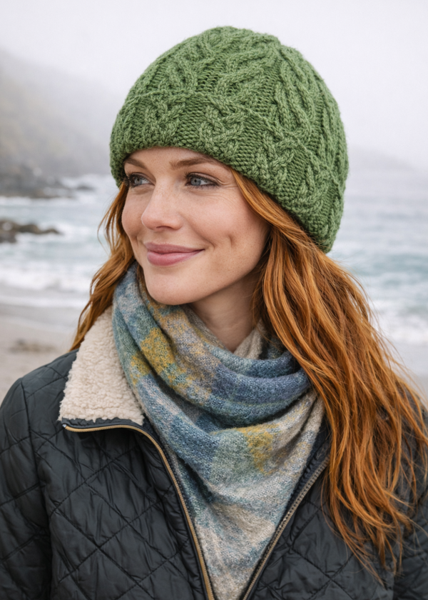 Aran Merino Wool Hat - Traditional Irish Cable Knit | Meadow Green