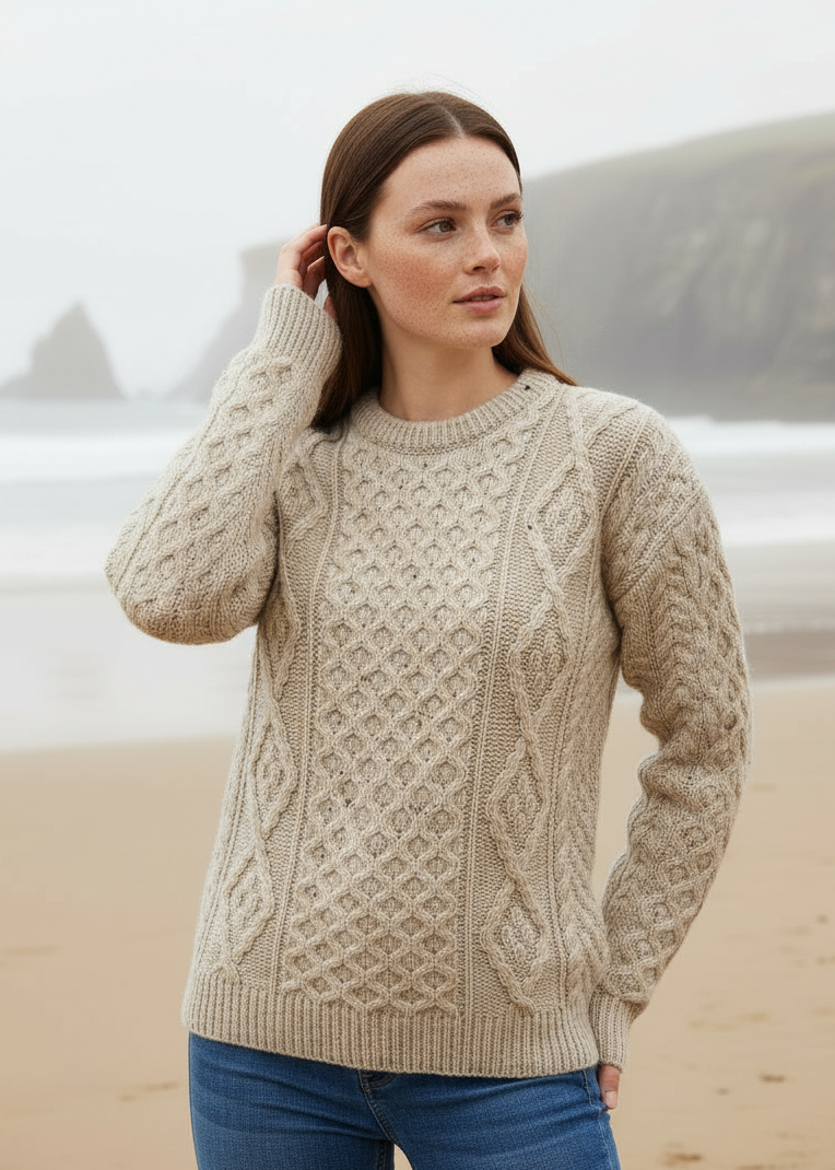 Unisex Aran Wool Sweater | Flecked Oatmeal
