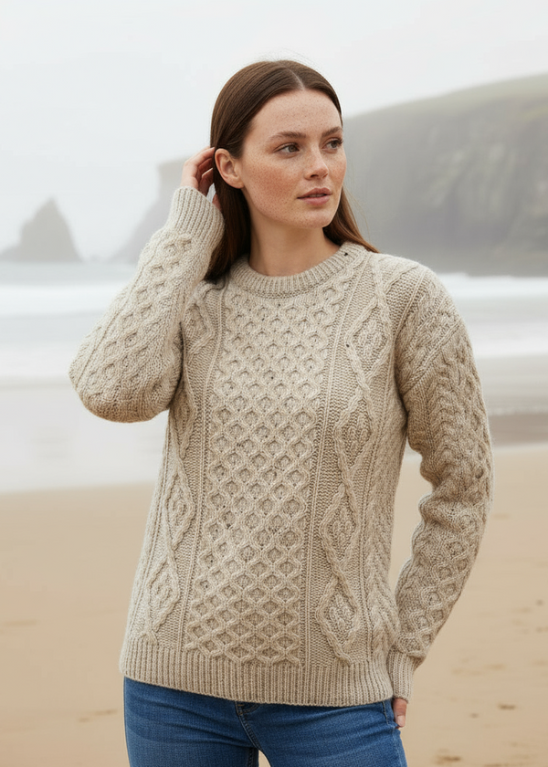 Unisex Aran Wool Sweater | Flecked Oatmeal