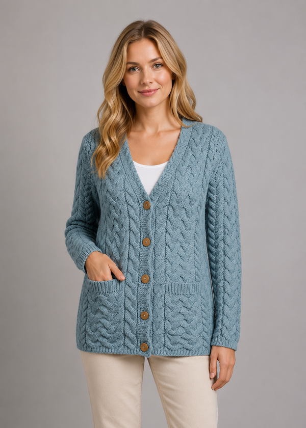 Aran Button-Up Cable Knit Cardigan | Mist Marl 