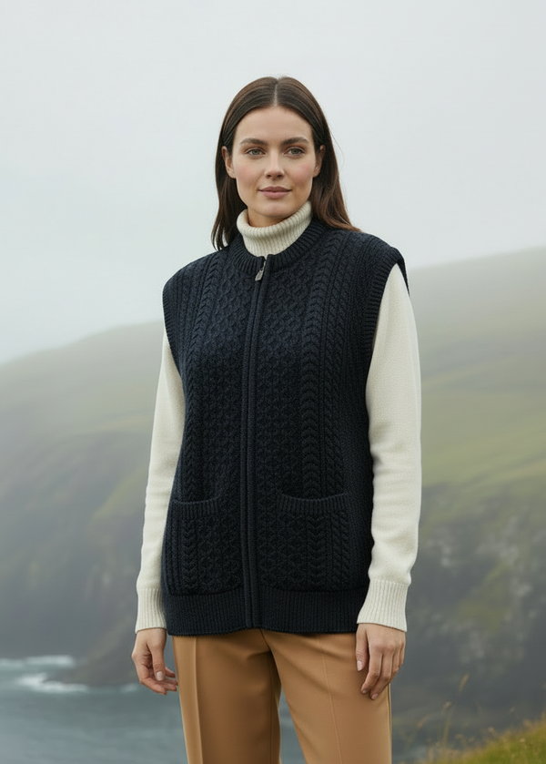 Irish Aran Sleeveless Zip Cardigan | Navy | 100% Merino Wool