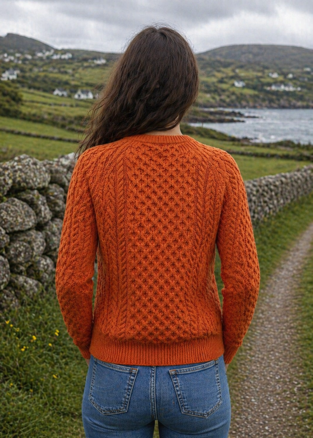 Ladies Slim-Fit Aran Sweater in Terracotta | 100% Merino Wool