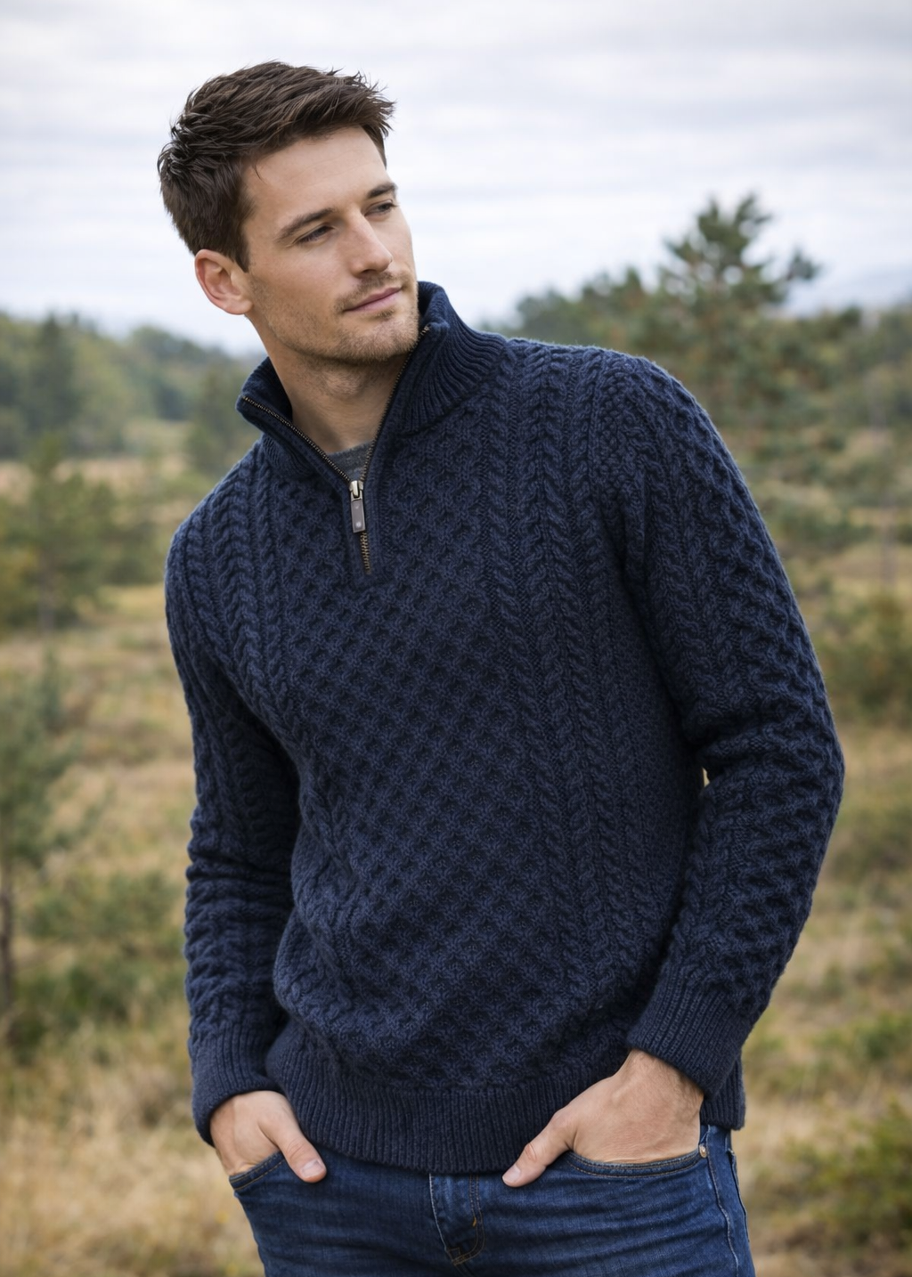 Men's Aran Half Zip Sweater - Blackwatch Navy Green | 100% Merino Wool