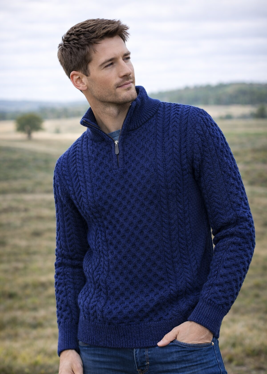 Men's Aran Half Zip Sweater | Deep Water Blue