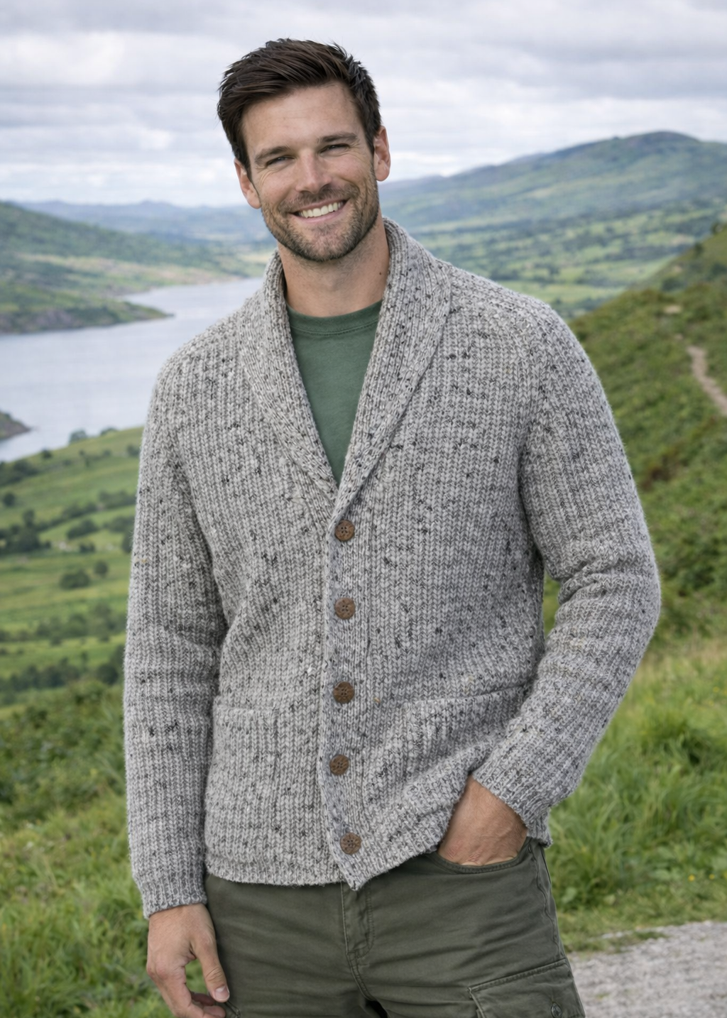 Men's Fisherman Rib Shawl Cardigan | Donegal Wool | Grey