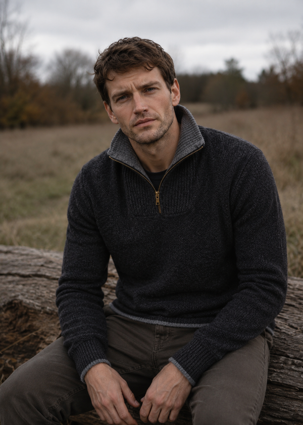 Men's Lambswool Quarter Zip Sweater - Charcoal | IrelandsEye Knitwear