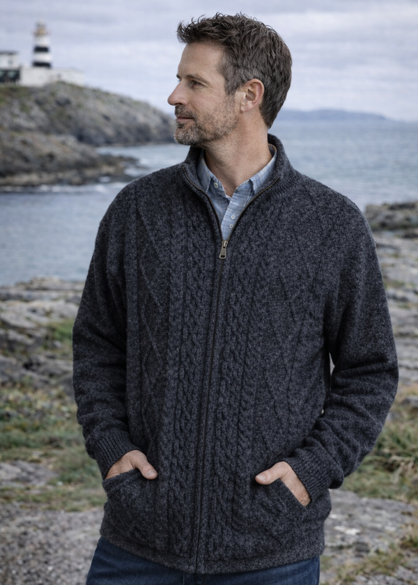 Men's Lined Wool Aran Cardigan | Charcoal