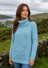 Merino Wool Polo Neck Aran Sweater | Aqua