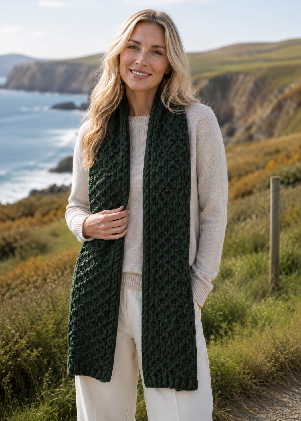 Aran Merino Wool Honeycomb Scarf | Army Green
