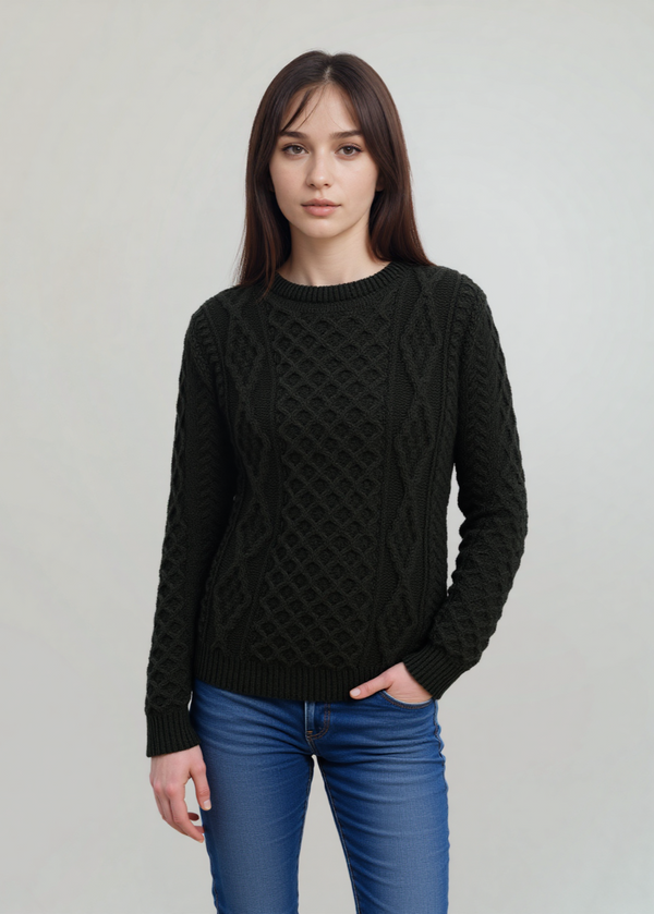 Unisex Aran Wool Sweater | Army Green