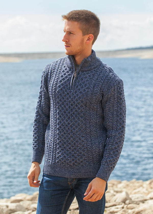 Aran Merino Wool Half Zip Sweater | Denim