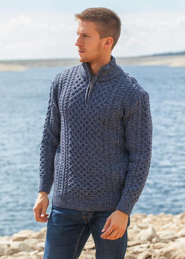Aran Merino Wool Half Zip Sweater | Denim