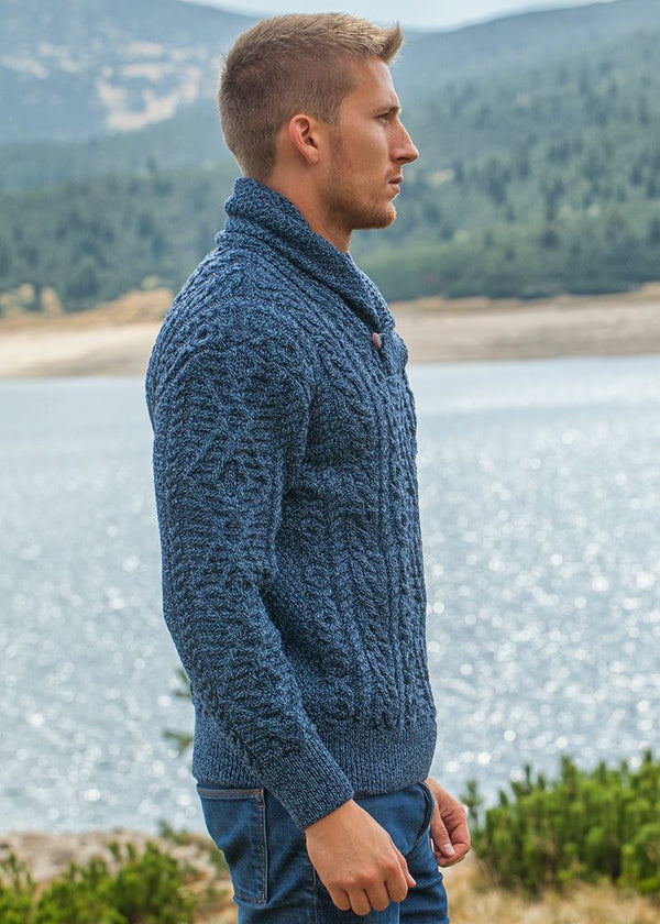 Aran Shawl Neck Sweater | Denim