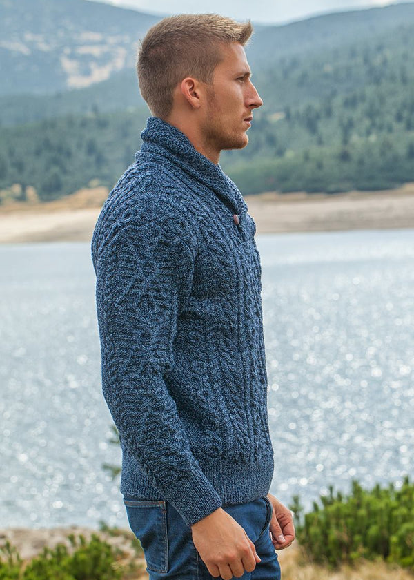 Aran Shawl Neck Sweater | Denim