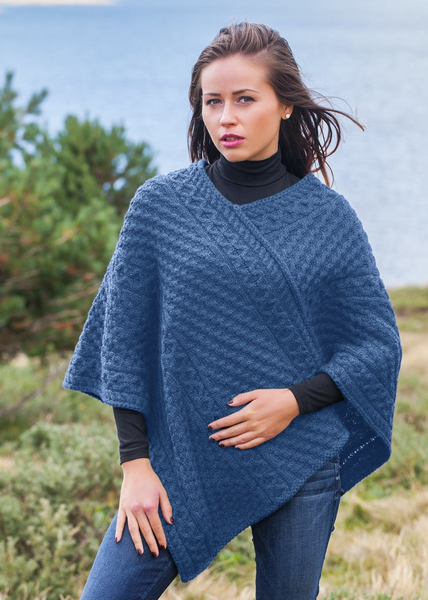 Aran Merino Wool V Poncho | Denim Marl