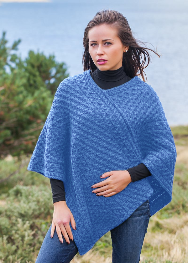 Aran Merino Wool V Poncho | Denim Marl 
