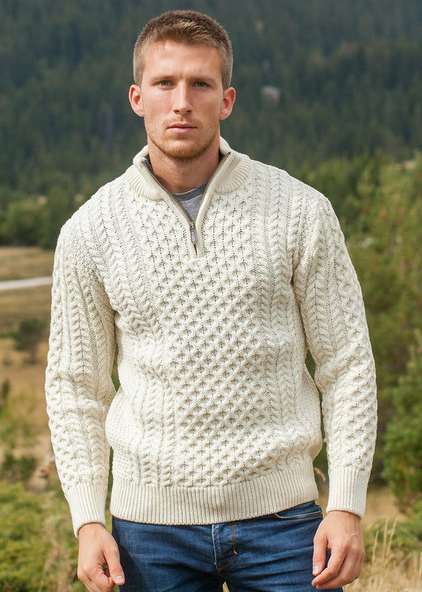 Aran Merino Wool Half Zip Sweater | Natural